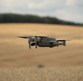 A farmer inspecting crops with a tablet, while a drone hovers nearby.